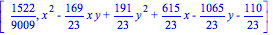 [1522/9009, x^2-169/23*x*y+191/23*y^2+615/23*x-1065/23*y-110/23]